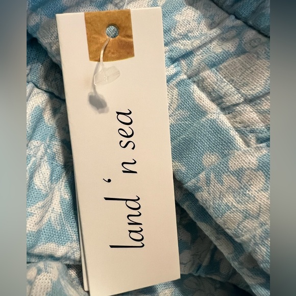 Land N Sea Linen Blend Blue Floral Pockets Elastic Waist Straight Crop NWT Pant - Picture 5 of 7